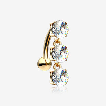 14 Karat Gold Brilliant Triple Dangle Sparkle Top-Down Reverse Belly Button Ring-Clear Gem